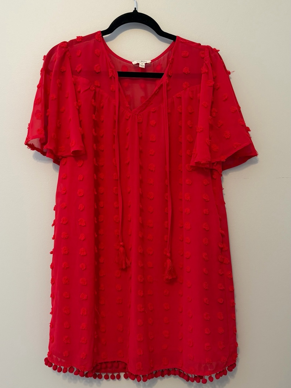 Umgee Hot Red Swiss Dot Pom Trim Tunic Dress Small